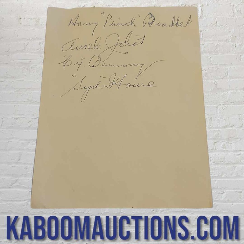 Punch BROADBENT, Aurele JOLIAT, Cy DENNENY & Syd HOWE QUAD Signed Clean Cut Page. Super clean RARE AUTOGRAPHS!