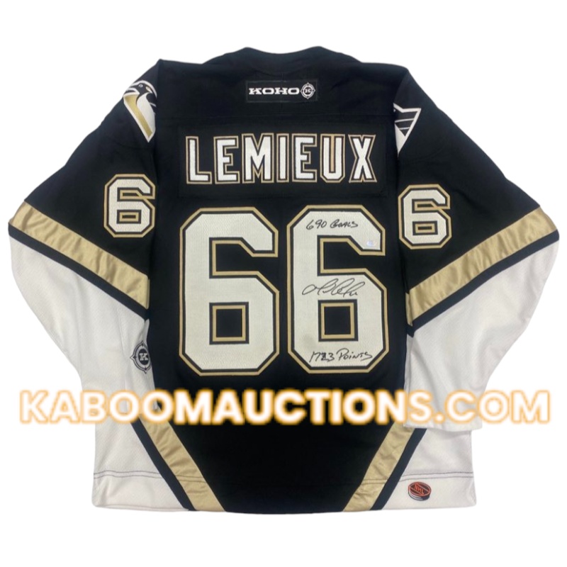 Mario LEMIEUX Signed Pittsburgh Penguins "CAREER STATS" Vintage Jersey *RARE*